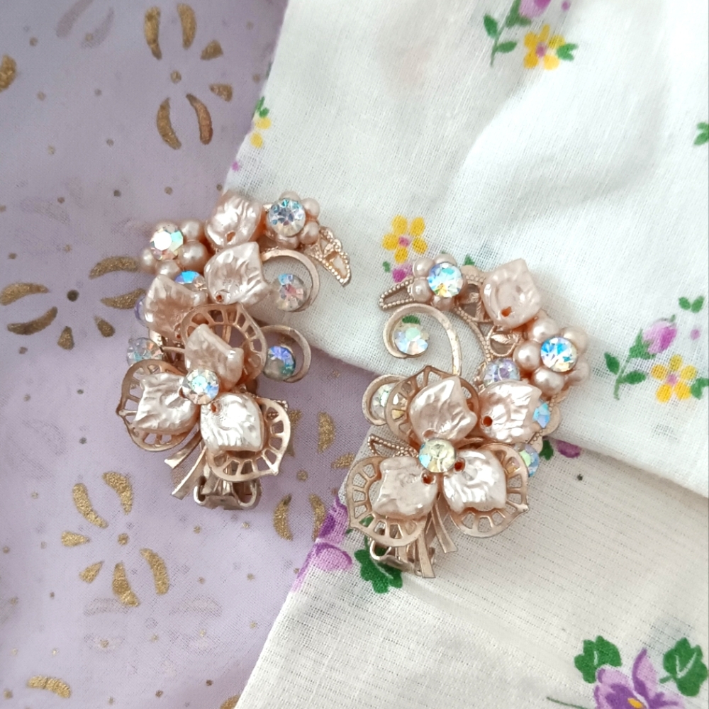 Flower Ear Climber Vintage Rhinestone Earrings Clip Ons